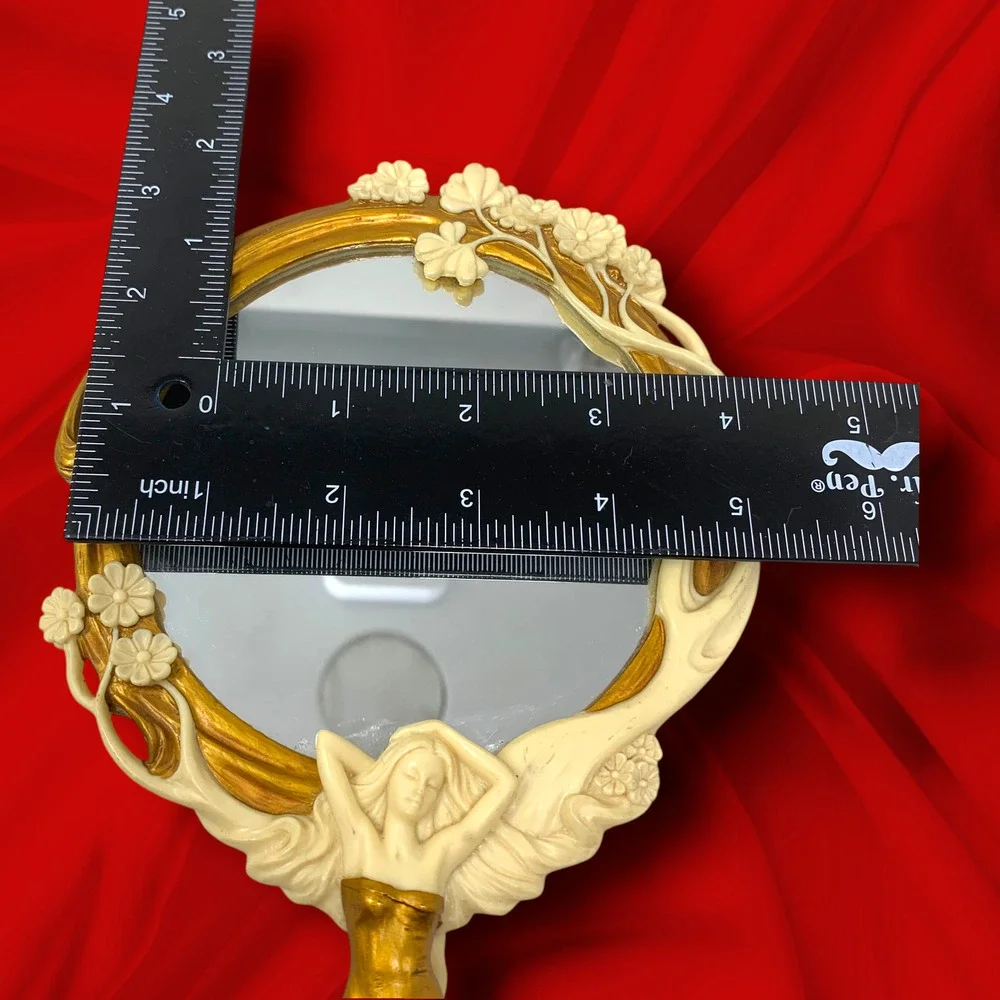 Art Nouveau Style Lady Hand Mirror Resin Vanity Mirror Gold Ivory Vintage 2004
